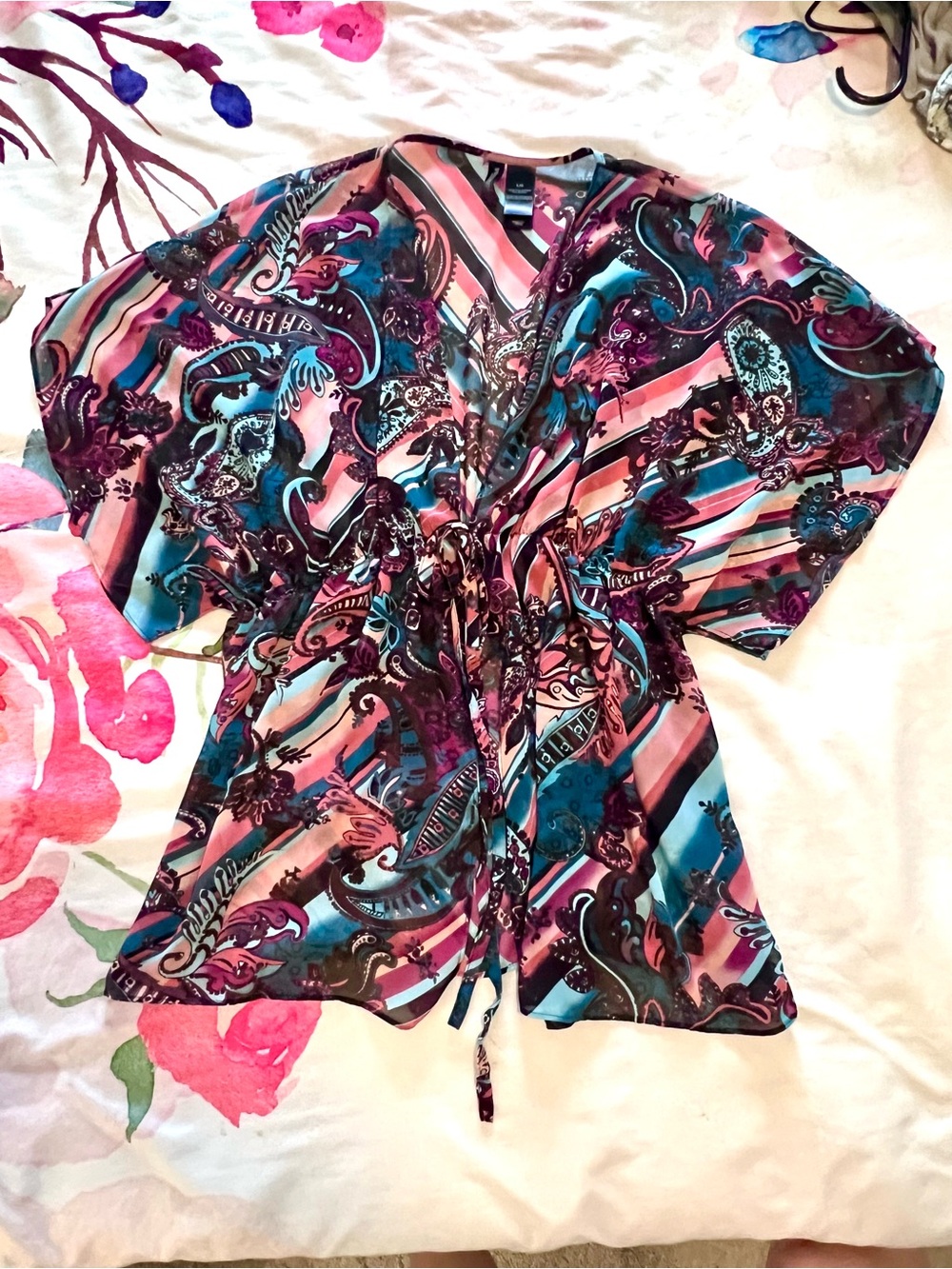 Bisou Bisou Sheer Paisley Tie-Front Blouse in Pink, Blue & Brown - Picture 6 of 9